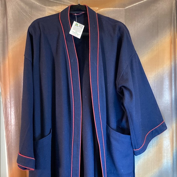 Bespoke vintage navy‎ blue wool robe with red piping pheasant insignia. 150